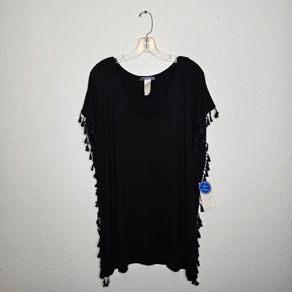 Swimsuits For All Women Solid Black Tassel Hem Breathable Cover-Up Size 6/8 NWT
